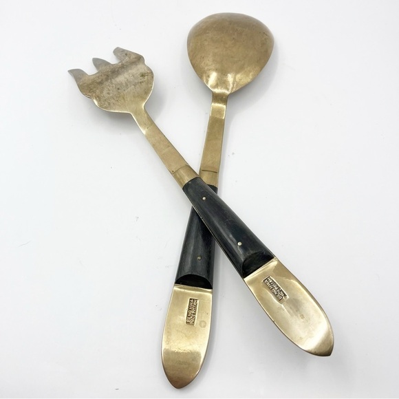 Brass Bronze Wood Handle Salad Serving Spoon & Fork Flatware Thailand Siam - Picture 2 of 9